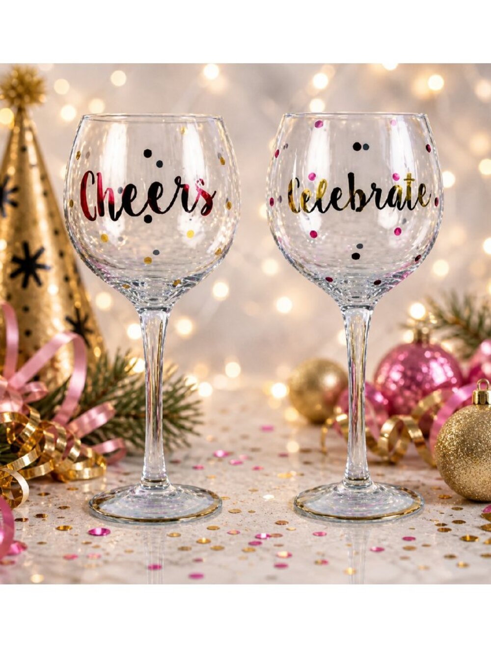 "Celebrate" and "Cheers" Set of Two Red and Gold Metallic Wine Glasses